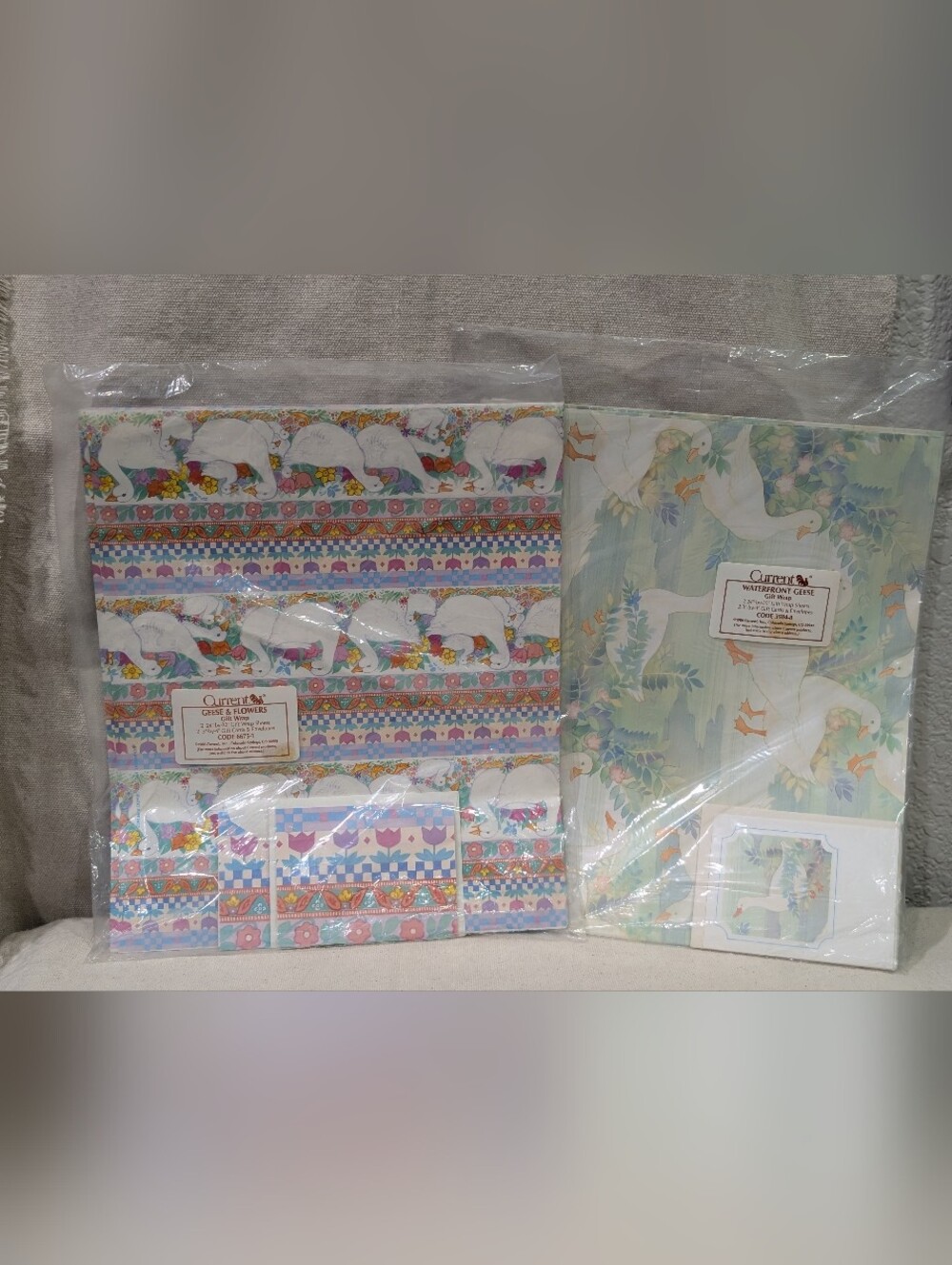 Vintage Current gift wrap paper lot of 2 goose geese country cottagecore 80s NOS